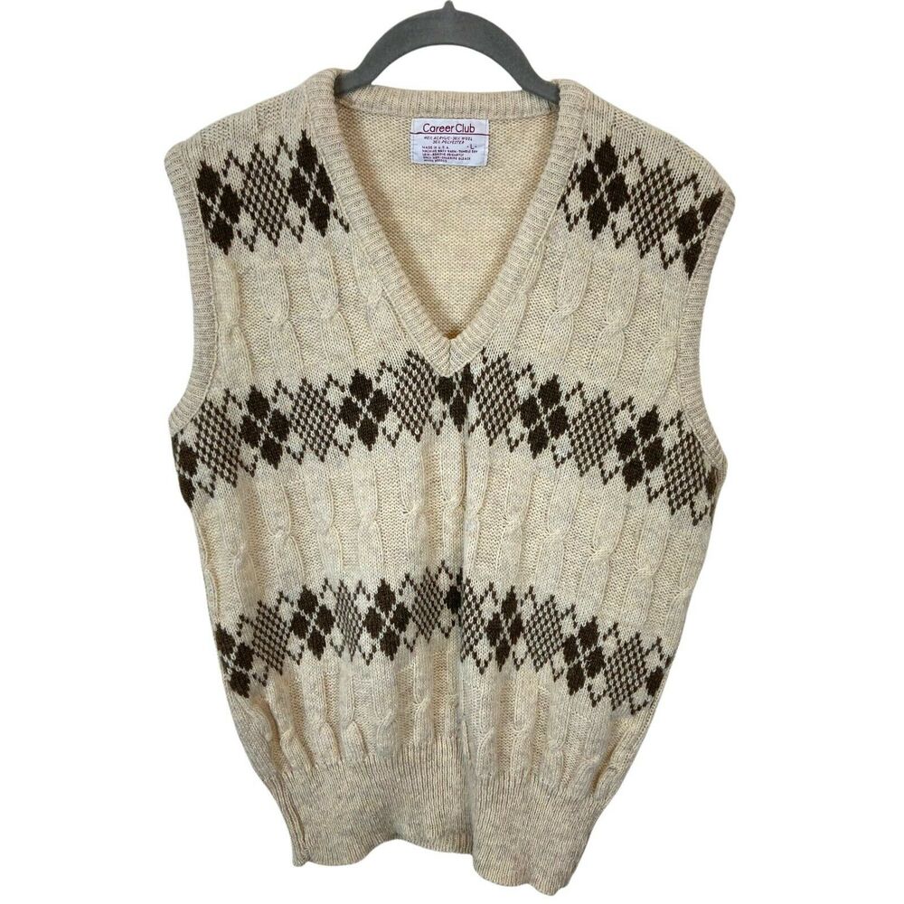 Vintage 70s Career Club Men's Cream Tan Grandpa V Neck Vest Sweater Size L